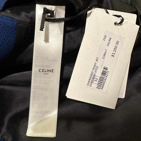 Celine x Hedi C Logo Leather Sleeve Blue Woold Teddy Jacket - Picture 9 of 14